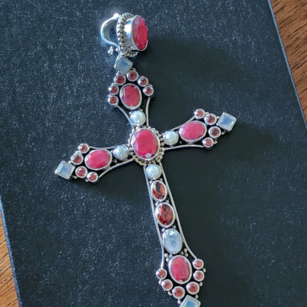 Nicky Butler Sterling Silver Ruby Pearl Garnet Moonstone Cross Pendant Vintage - Picture 3 of 9